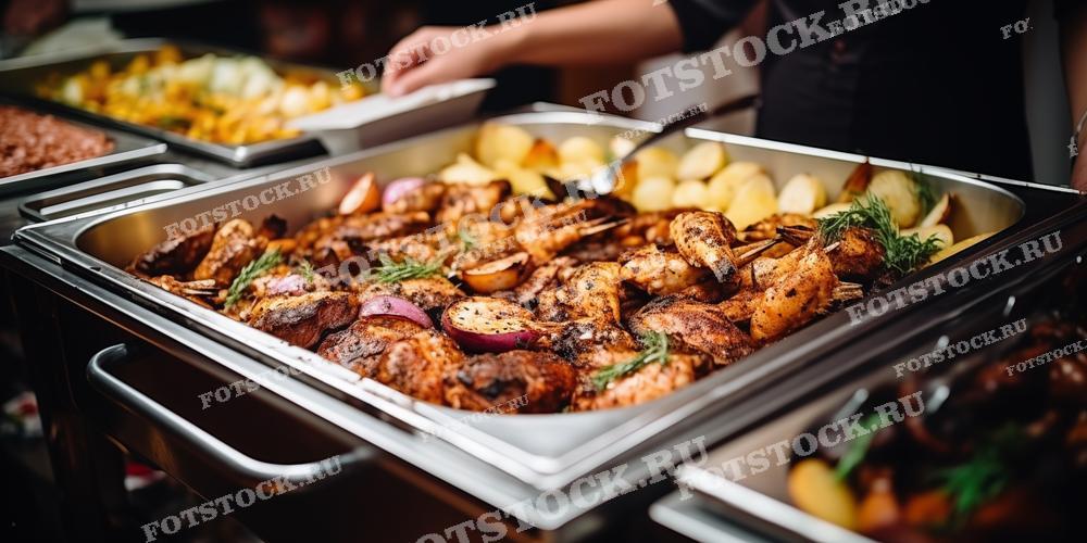 Фотография демонстрирует металлический противень с запеченным мясом и картофелем. Блюдо выглядит аппетитно и идеально подходит для банкетов и праздничных мероприятий. На заднем плане видны другие блюда и человек.